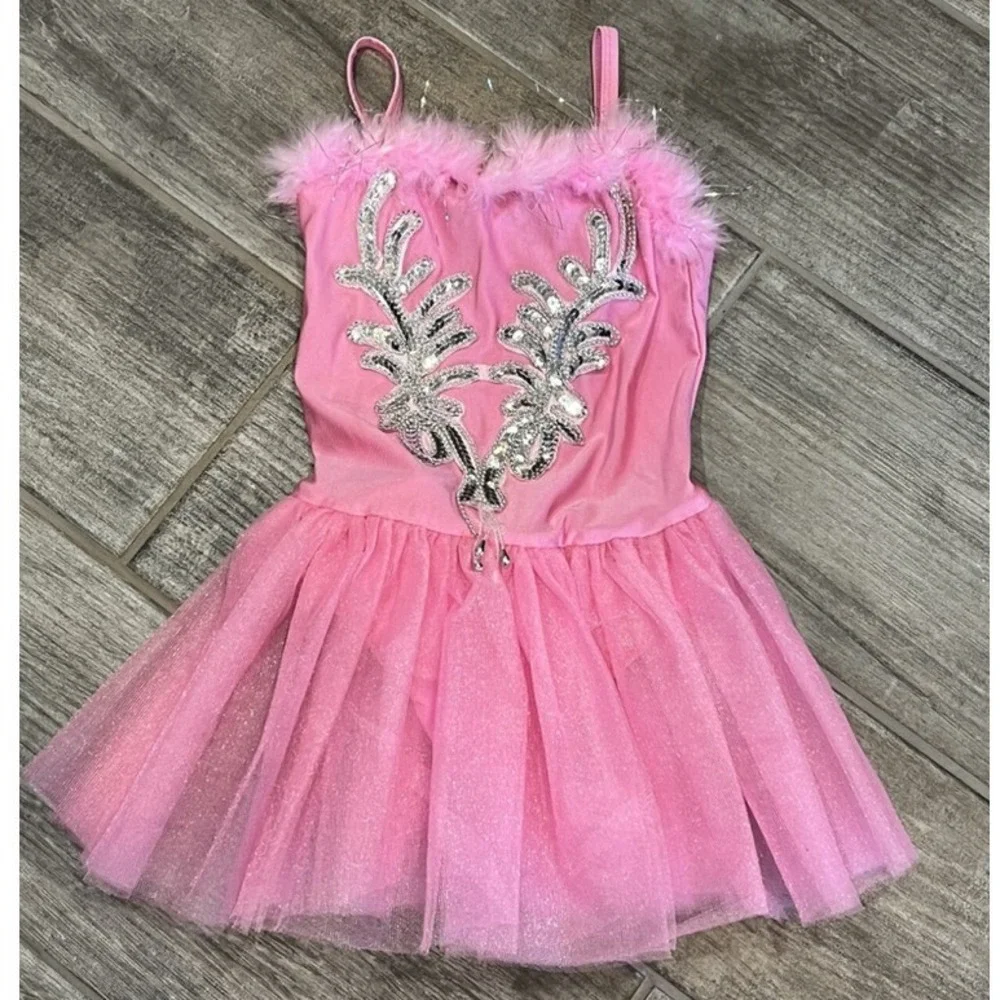 Pink Ballet Dress Costume Feather Sequin‎ Dance Tutu Dress